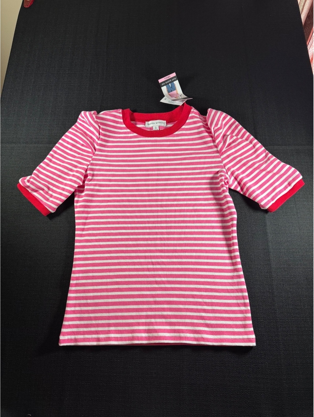 Rebecca Minkoff Pink and White Striped Cotton Blend Top with Red Trim, Size S - Picture 1 of 7